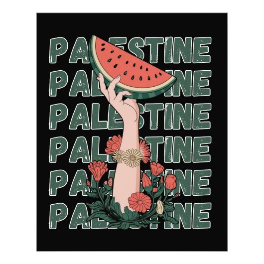 Impression Photo pastèque, fleurs et palestine Texte Répéter (Devant)