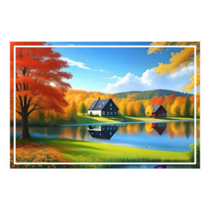 Impression Photo Paysage avec lac, chalet et arbres-324563