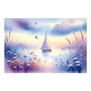 Impression Photo Paysage côtier onirique au voilier pastel