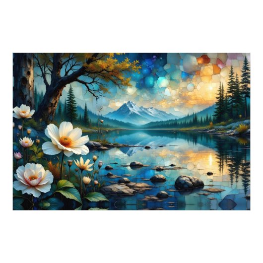 Impression Photo Paysage de montagne, reflets dans l'eau (Devant)