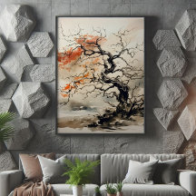 Peinture à l'encre de l'arbre tordu