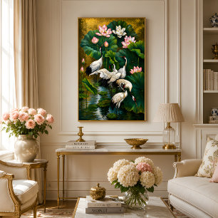 Impression Photo Peinture à l'huile élégante de lotus et de grue as