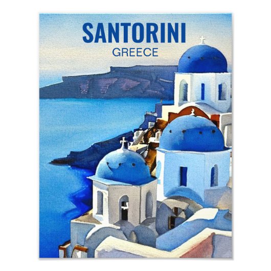 Impression Photo Peinture aquarelle de Santorin Grèce (Devant)