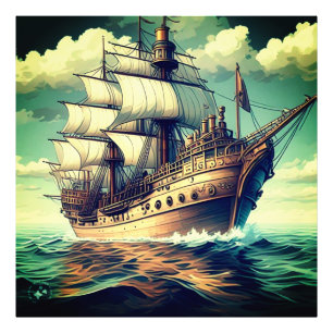 Impression Photo Peinture D'Un Navire Avec Les Voiles Vers Le Bas-5