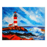 Phare rayé rouge et blanc Vagues côtières
