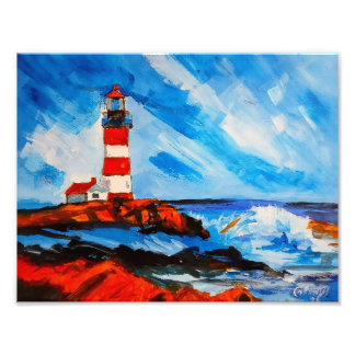 Impression Photo Phare rayé rouge et blanc Vagues côtières