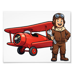 Impression Photo Pilote Vintage avec Illustration de Biplan Rouge e