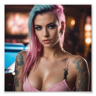 Impression Photo Pink Blue Hair Punk Tattoo Girl Pool Bar