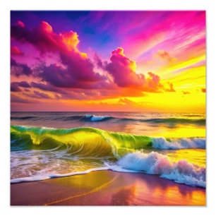 Impression Photo Plage aux vagues de l'océan jaune et rose Vibrant