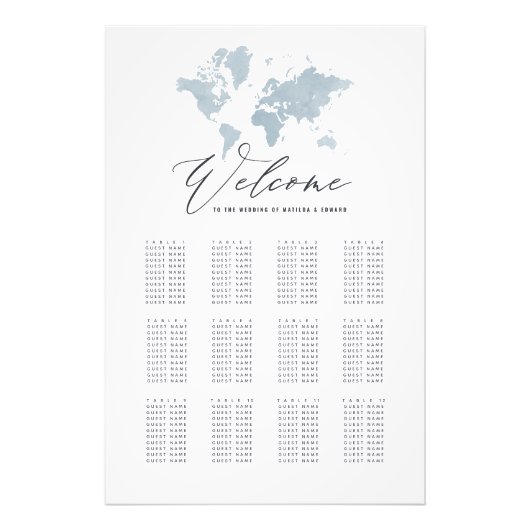 Impression Photo Plan de sièges mariage de l'aquarelle bleue (Devant)