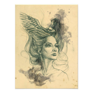 Impression Photo Portrait femme oiseau crâne et ailes Art Surreal