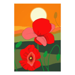 Impression Photo Prairie de coquelicots au coucher du soleil