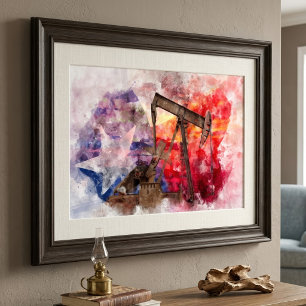 Impression Photo Pumpjack Texan icône aquarelle avec Texas Flag