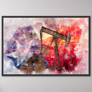 Impression Photo Pumpjack Texan icône aquarelle avec Texas Flag