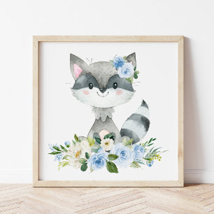 Impression Photo Raccoon, Animaux Boisés, Boho, Fleurs Bleues