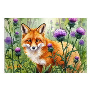 Impression Photo Renard parmi les fleurs de chardon violet Aquarell