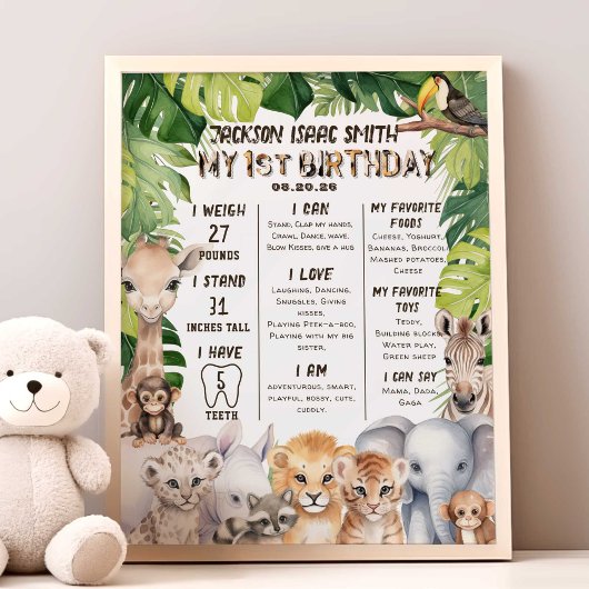 Impression Photo Safari Animaux Baby Boy 1er Milestone