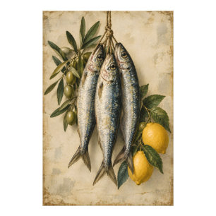 Impression Photo Sardines Vintage avec Citrons & Olives Mediterrane