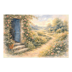 Impression Photo Scène de chemin fleuri à la porte bleue du jardin