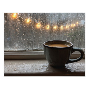 Impression Photo Scène de tasse de café confortable sous la pluie a