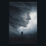 Impression Photo Silhouette Before Colossal Mist Face<br><div class="desc">A lone suited figure stands at the threshold of an enormous, vaporous void shaped like a gigantic human profile in profile. Thick, slow-moving mist in silver-gray and pale blue coils upward to suggest forehead, closed eye, nose, and lips on an impossible scale, while cold diffused light makes every curling tendril...</div>