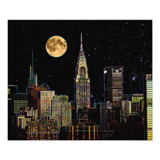 Impression Photo Skyline New York La Nuit Avec Pleine lune (Devant)