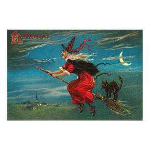 Impression Photo Sorcière Volant Chat noir Crescent Lune