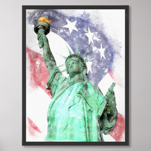 Impression Photo Statue de la Liberté closeup avec drapeau aquarell