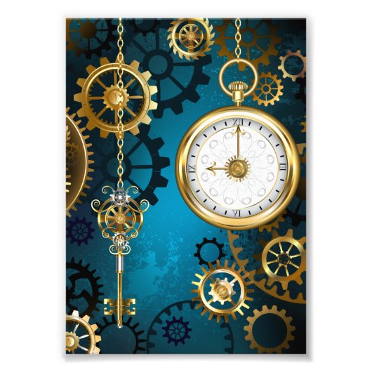 Impression Photo Steampunk Arrière - plan turquoise avec Gears (Devant)