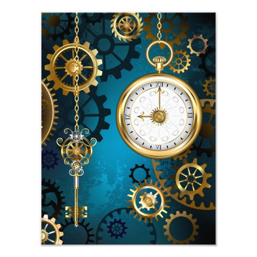 Impression Photo Steampunk Arrière - plan turquoise avec Gears (Devant)