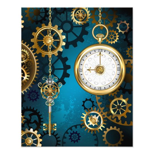 Impression Photo Steampunk Arrière - plan turquoise avec Gears (Devant)
