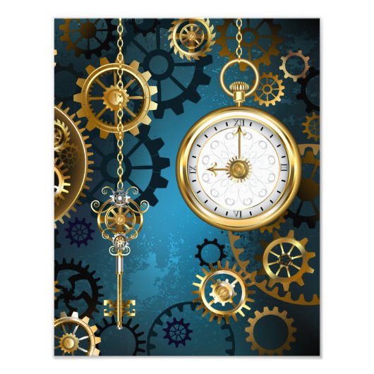 Impression Photo Steampunk Arrière - plan turquoise avec Gears (Devant)