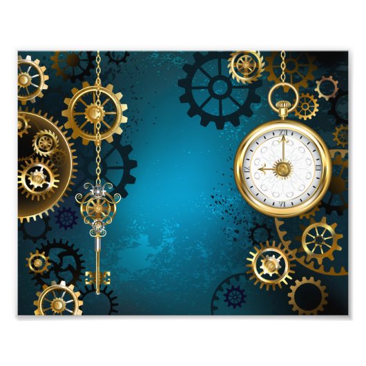 Impression Photo Steampunk Arrière - plan turquoise avec Gears (Devant)
