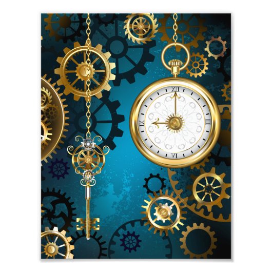 Impression Photo Steampunk Arrière - plan turquoise avec Gears (Devant)