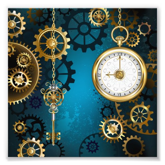 Impression Photo Steampunk Arrière - plan turquoise avec Gears (Devant)