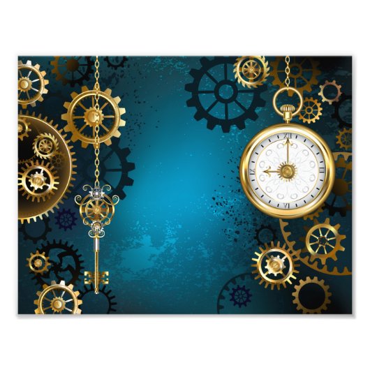 Impression Photo Steampunk Arrière - plan turquoise avec Gears (Devant)