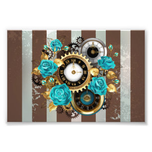 Impression Photo Steampunk Clock and Turquoise Roses on Striped