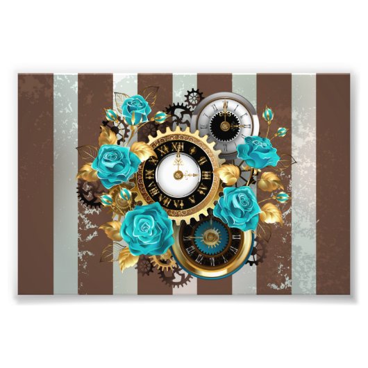Impression Photo Steampunk Clock and Turquoise Roses on Striped (Devant)