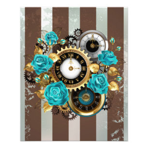 Impression Photo Steampunk Clock and Turquoise Roses on Striped