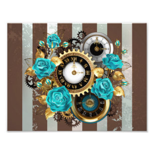 Impression Photo Steampunk Clock and Turquoise Roses on Striped