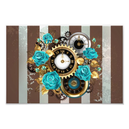 Impression Photo Steampunk Clock and Turquoise Roses on Striped (Devant)