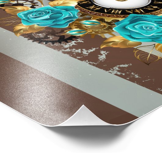 Impression Photo Steampunk Clock and Turquoise Roses on Striped (Coin)