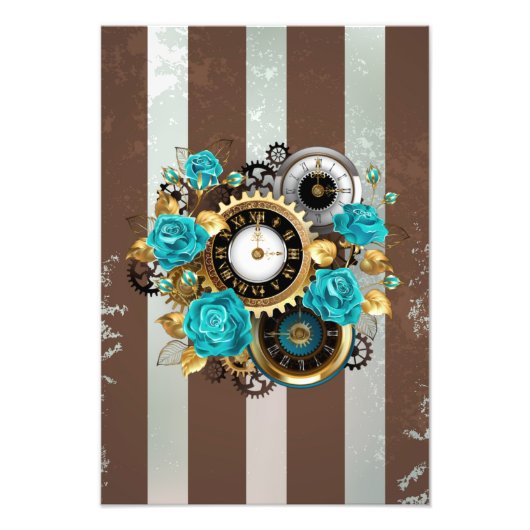 Impression Photo Steampunk Clock and Turquoise Roses on Striped (Devant)