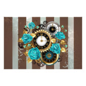 Impression Photo Steampunk Clock and Turquoise Roses on Striped (Devant)