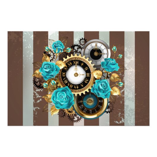 Impression Photo Steampunk Clock and Turquoise Roses on Striped (Devant)