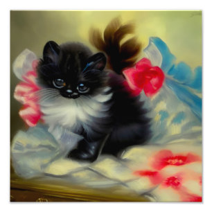 Impression Photo Tableau vintage de chaton noir et blanc