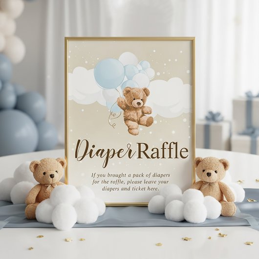 Impression Photo Teddy Bear with Blue Balloons Diaper Raffle Sign