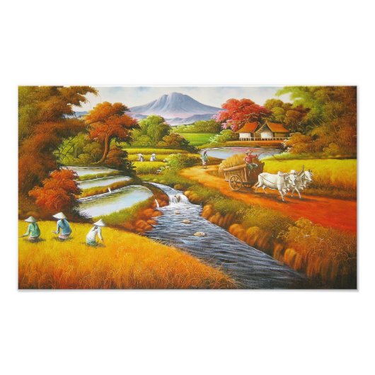 Impression Photo Temps de récolte : Un paysage rural avec une monta (Devant)