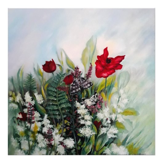 Impression Photo Terrain de fleurs printanières avec des coquelicot (Devant)