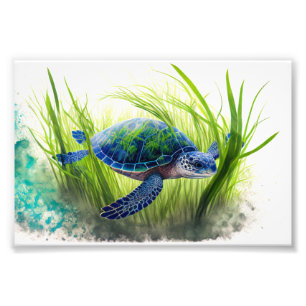 Impression Photo Tortue bleue, Tortue, Décor marin, Art de la plage